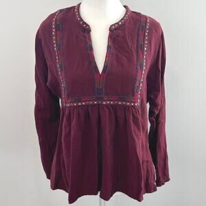 Madewell Bohemian Embroidered Popover Peasant Burgundy Wool Blouse